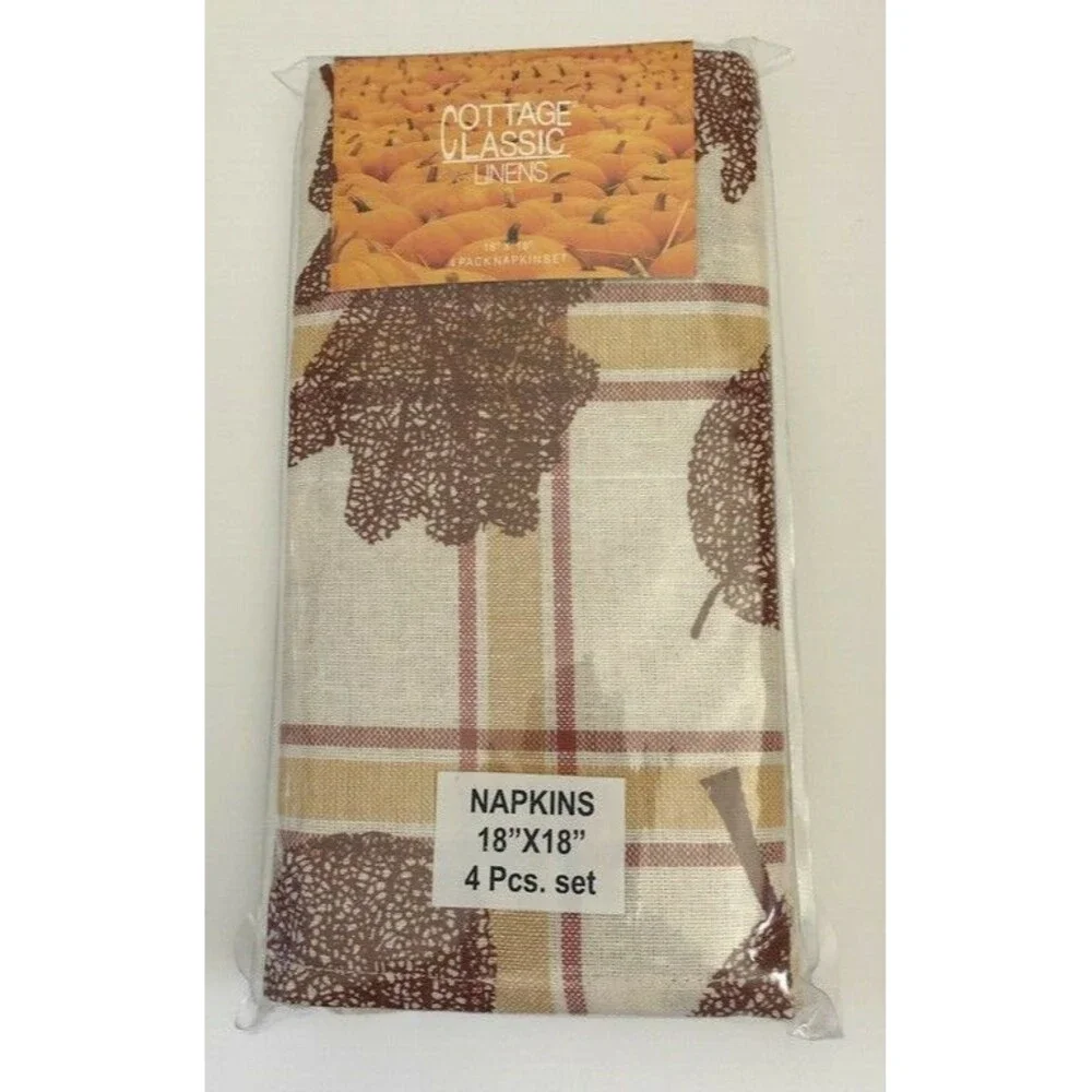 Thanksgiving Imprint Leaves Plaid Fabric Napkins Country Cabin Lodge Set of 4